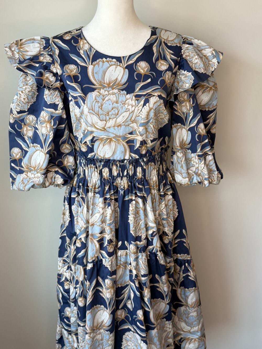 Emily McCarthy Floral Puff Sleeve Tiered Midi Dress Navy Blue